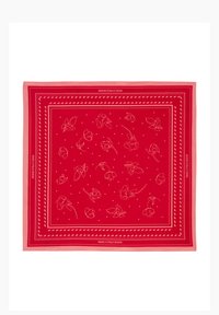 Rotes Halstuch mit weißen Blumenmustern und Punkten, eingefasst mit kontrastierenden Streifen. Hergestellt aus weichem Stoff, quadratische Form.