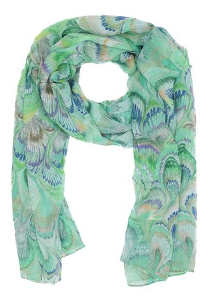 Scarf leggero e verde con un motivo floreale in tonalità di blu, viola e bianco. Realizzato in tessuto morbido con una texture fluente.