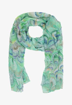Scarf leggero e verde con un motivo floreale in tonalità di blu, viola e bianco. Realizzato in tessuto morbido con una texture fluente.
