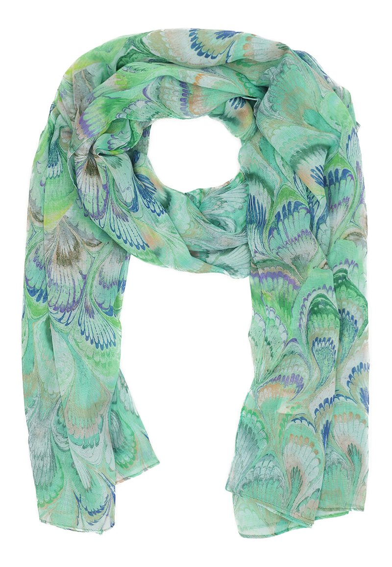 Scarf leggero e verde con un motivo floreale in tonalità di blu, viola e bianco. Realizzato in tessuto morbido con una texture fluente.