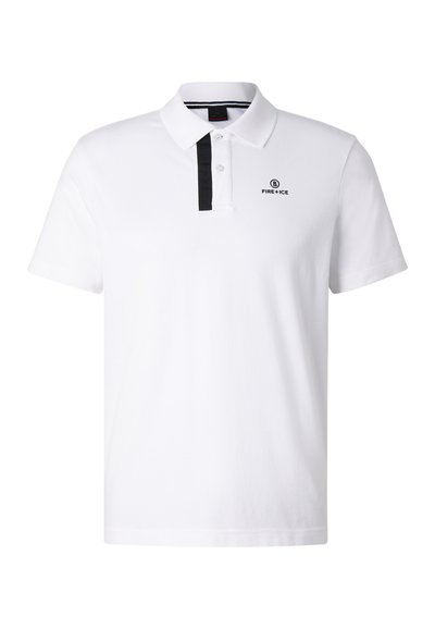White short-sleeve polo shirt with a black vertical stripe by the buttons and "FIRE+ICE" logo on the left chest.