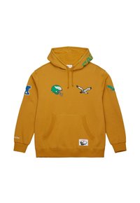 Gelbe Kapuzenjacke mit einer vorderen Kängurutasche und aufgestickten Patches, darunter ein grüner Footballhelm, ein Adler und dekorative Akzente.