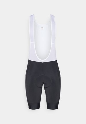 Pantaloni bici da uomo in tessuto traspirante nero, con bretelle in rete bianca, fondello imbottito e aperture delle gambe senza cuciture.