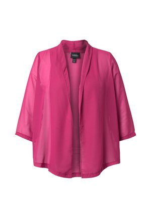 Offene fuchsia-rosafarbene transparente Strickjacke mit dreiviertel Ärmeln und lockerem Sitz, auf weißem Hintergrund dargestellt.