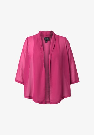 Cardigan trasparente fucsia con apertura anteriore, maniche a tre quarti e vestibilità comoda, esposto su sfondo bianco.