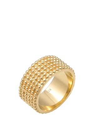 Wide gold ring with a textured surface of small raised beads and a polished interior stamped with "925."