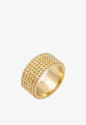 Szeroka złota obrączka z teksturowaną powierzchnią z małych wypukłych koralików oraz polerowanym wnętrzem z oznaczeniem „925”.