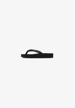 Black flip-flop with a braided strap, flat sole, and textured footbed. Simple design with a smooth finish, ideal for casual wear.