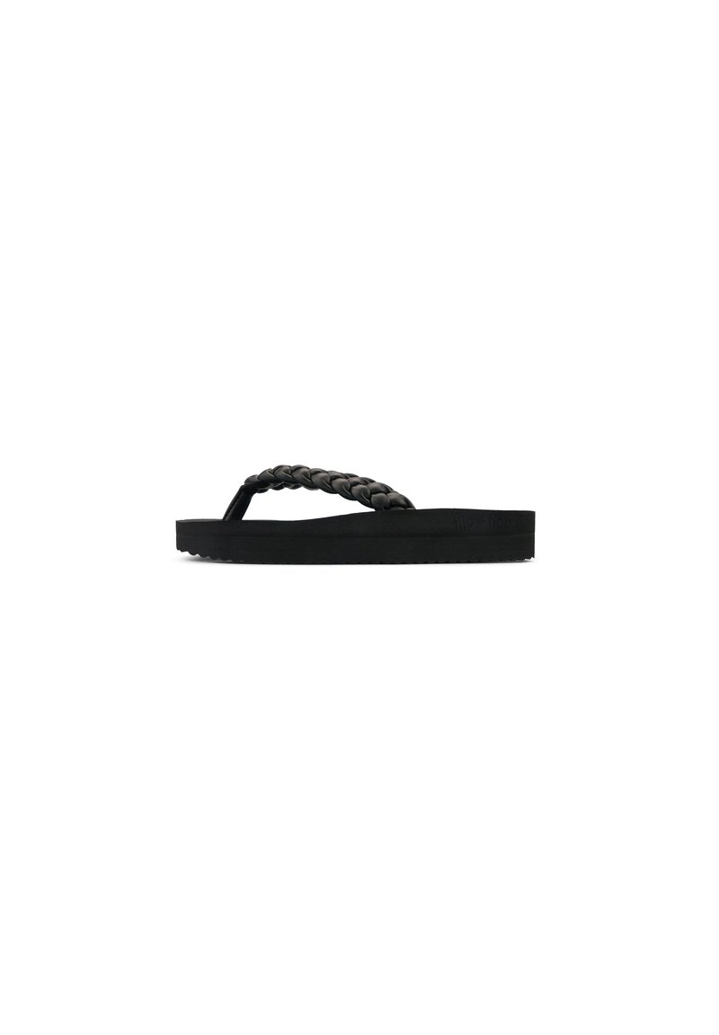 Black flip-flop with a braided strap, flat sole, and textured footbed. Simple design with a smooth finish, ideal for casual wear.