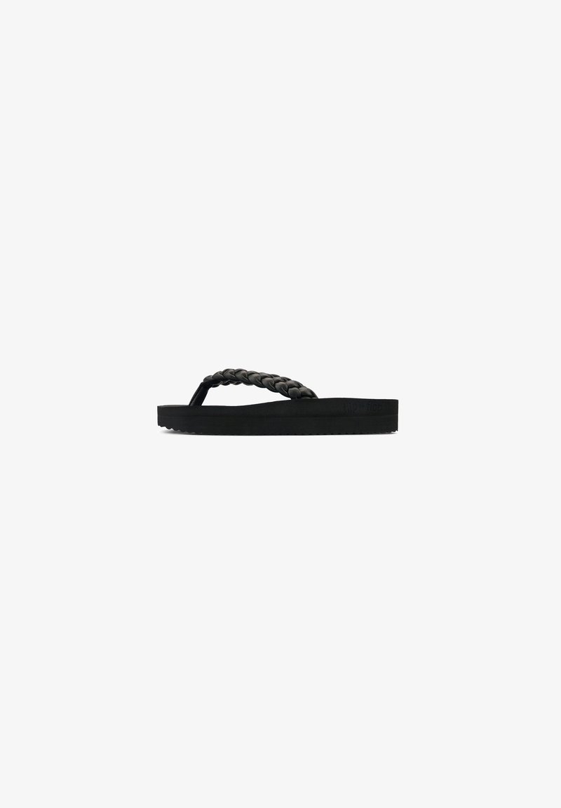 Black flip-flop with a braided strap, flat sole, and textured footbed. Simple design with a smooth finish, ideal for casual wear.
