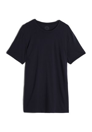 T-shirt à manches courtes bleu marine avec un col rond, en tissu doux, présentant une coupe décontractée et un ourlet droit. Aucun motif ou logo visible.
