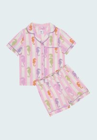 Cotton pajama set featuring a pink and white striped pattern with multicolored seahorses. Short-sleeve top with a chest pocket and shorts.