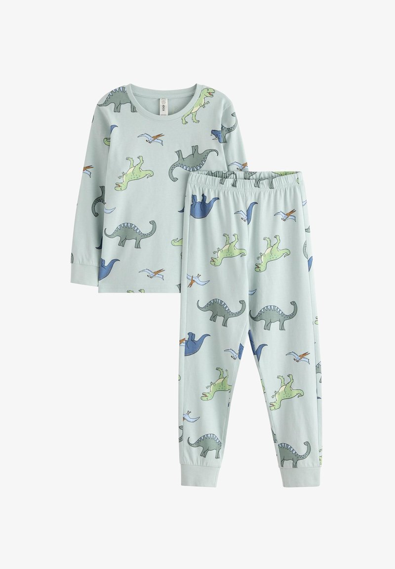 Ensemble de pyjama à motif de dinosaure vert et bleu. Haut à manches longues et pantalon à taille élastique ; tissu doux et léger de couleur bleu clair avec des illustrations ludiques.