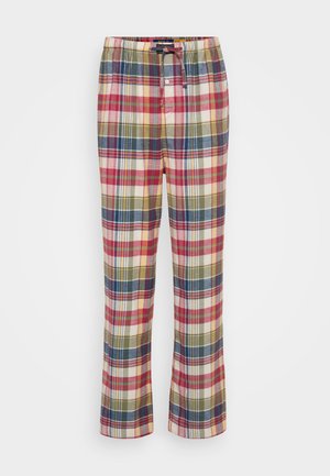 Pantaloni da pigiama a quadri realizzati in un misto di cotone. I colori includono rosso, verde, blu e crema, con una vita elasticizzata e un cordino.