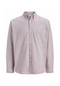 Chemise à manches longues boutonnée avec des rayures verticales rouges et blanches, col boutonné, poche poitrine et poignets boutonnés.