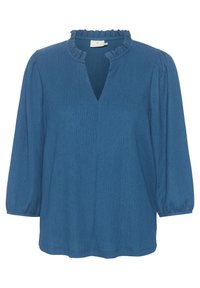 Blouse bleu à texture avec un col froncé et des manches bouffantes trois quarts. Présente un décolleté en V et un matériau tissé doux.