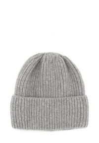 Light gray knitted wool beanie with folded cuff, ribbed texture, and simple design.