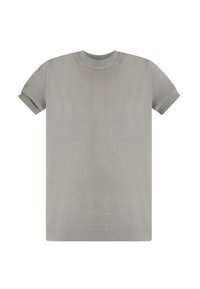 Maglietta grigia a maniche corte realizzata in tessuto morbido. Presenta una scollatura rotonda e polsini a coste. Design semplice senza motivi o dettagli aggiuntivi.