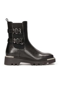 Black leather ankle boot with two side buckles, elastic panels, chunky rubber sole, and metallic accent at the toe. Smooth texture.