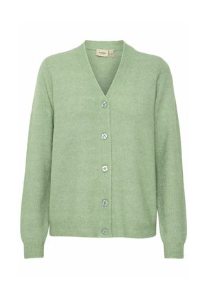 Cardigan verde chiaro realizzato in un morbido tessuto testurizzato. Caratterizzato da un collo a V, maniche lunghe e cinque bottoni coordinati sulla parte anteriore.