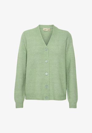 Világoszöld kardigán, puha, texturált anyagból készült. V-nyakú, hosszú ujja van, és az elején öt azonos színű gomb található.
