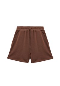 Pantalones cortos de algodón marrón con cintura elástica, detalle de cordón y bolsillos laterales. Diseño simple con una textura suave.