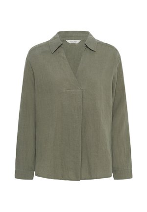 Bluza din in verde măsliniu cu mâneci lungi, decolteu în V, închidere frontală ascunsă și guler mic.