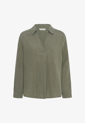 Bluza din in verde măsliniu cu mâneci lungi, decolteu în V, închidere frontală ascunsă și guler mic.