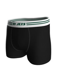 Černé boxerky s bílým pasem zdobeným zelenými pruhy a textem "NY JETS"; vyrobené z pružného materiálu, s detailem švů.