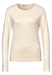 Pull léger beige à manches longues avec un col rond, des poignets côtelés et des fentes sur les côtés au niveau de l'ourlet. Conçu en tricot doux et texturé.