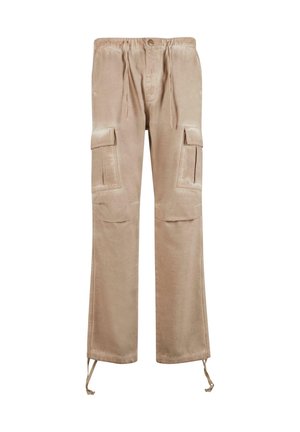 Beige cargo-bukser med to sidelommer, snor i livet og avsmalnende mansjetter. Laget av mykt materiale med en glatt tekstur.