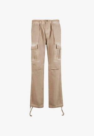 Pantalons cargo beige avec deux poches latérales, taille à cordon de serrage et chevilles resserrées. Fabriqués en matériau doux avec une texture lisse.