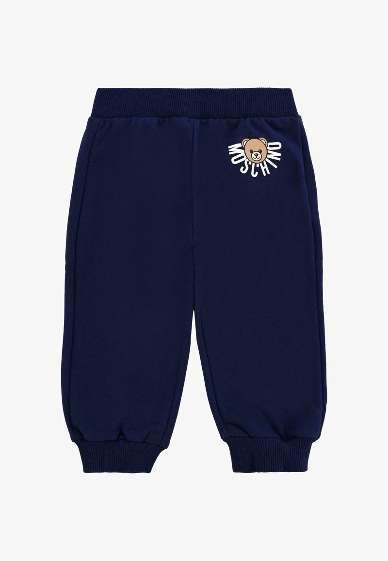 Marineblauwe sweatpants met elastische tailleband en boorden, voorzien van een berenlogo en de tekst "Moschino" in het wit. Zacht materiaal met een gladde textuur.