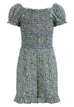 Kukallinen mekko sinisessä, keltaisessa ja valkoisessa. Ominaisuuksia lyhyet puffihihat, kimarrajakko ja röyhelöhelma. Valmistettu kevyestä kankaasta.