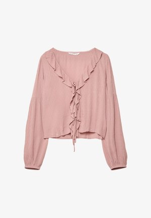 Blusa rosa cropped con maniche lunghe, scollatura arricciata e dettaglio con fiocco frontale. Realizzata in tessuto leggero e testurizzato.