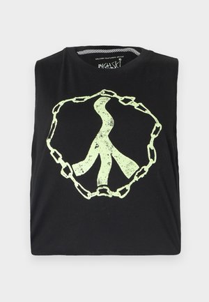 Schwarzes ärmelloses Shirt mit einem großen, verblassten, hellgrünen Friedenssymbol, das in ein Kettendesign eingekreist ist. Hergestellt aus weichem Baumwollstoff.