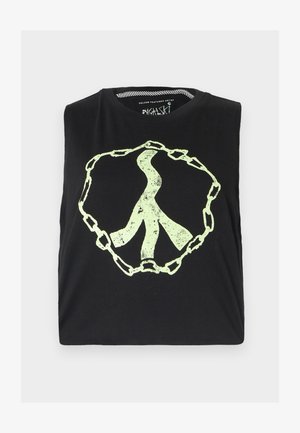 Čierne tielko bez rukávov s veľkým, vyblednutým svetlozeleným symbolom mieru v reťazovom dizajne. Vyrobené z mäkkého bavlneného materiálu.