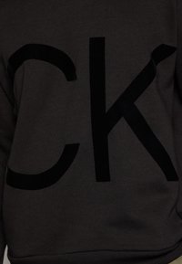 Sudadera gris oscuro con un gran logo "CK" negro y texturizado en la parte frontal. El material parece suave, con puños y dobladillo acanalados.