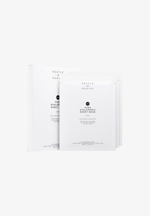 Pestle & Mortar Pure Hyaluronic Sheet Mask, packaged in white boxes and pouches, features minimalist design with black text and branding.