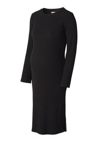 Schwarzes, geripptes Strickkleid für Schwangere mit langen Ärmeln, rundem Ausschnitt und seitlichen Schlitzen für zusätzlichen Komfort und Bewegungsfreiheit.