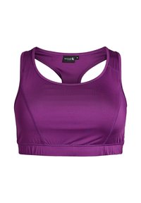 Lila športna modrček iz gladkega materiala, z dirkalnim hrbtom, širokimi naramnicami in zloženim dnom za varen oprijem.