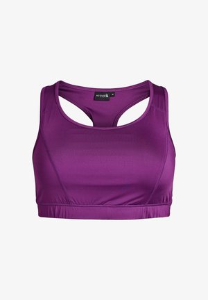 Top sportivo viola realizzato in materiale liscio, con design a schiena scoperta, spalline larghe e fondo arricciato per una vestibilità sicura.