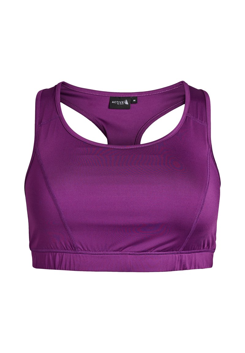 Lila športna modrček iz gladkega materiala, z dirkalnim hrbtom, širokimi naramnicami in zloženim dnom za varen oprijem.