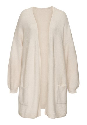 Hellbeige Cardigan, strukturierter Strickstoff, offenes Design, lange Ärmel mit gerippten Bündchen, zwei Fronttaschen, weiche und lockere Passform.