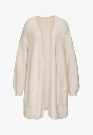 Hellbeige Cardigan, strukturierter Strickstoff, offenes Design, lange Ärmel mit gerippten Bündchen, zwei Fronttaschen, weiche und lockere Passform.