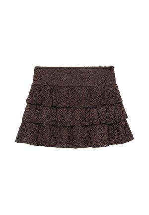 Jupe tiered en dentelle marron avec trois couches volantées. Présente une texture florale et une taille ajustée pour une silhouette bien définie.