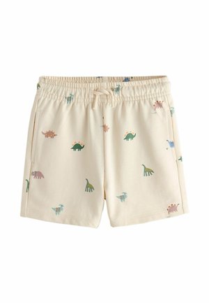 Cream-colored toddler shorts with elastic waistband, drawstring, side pockets, and multicolored cartoon dinosaur prints.