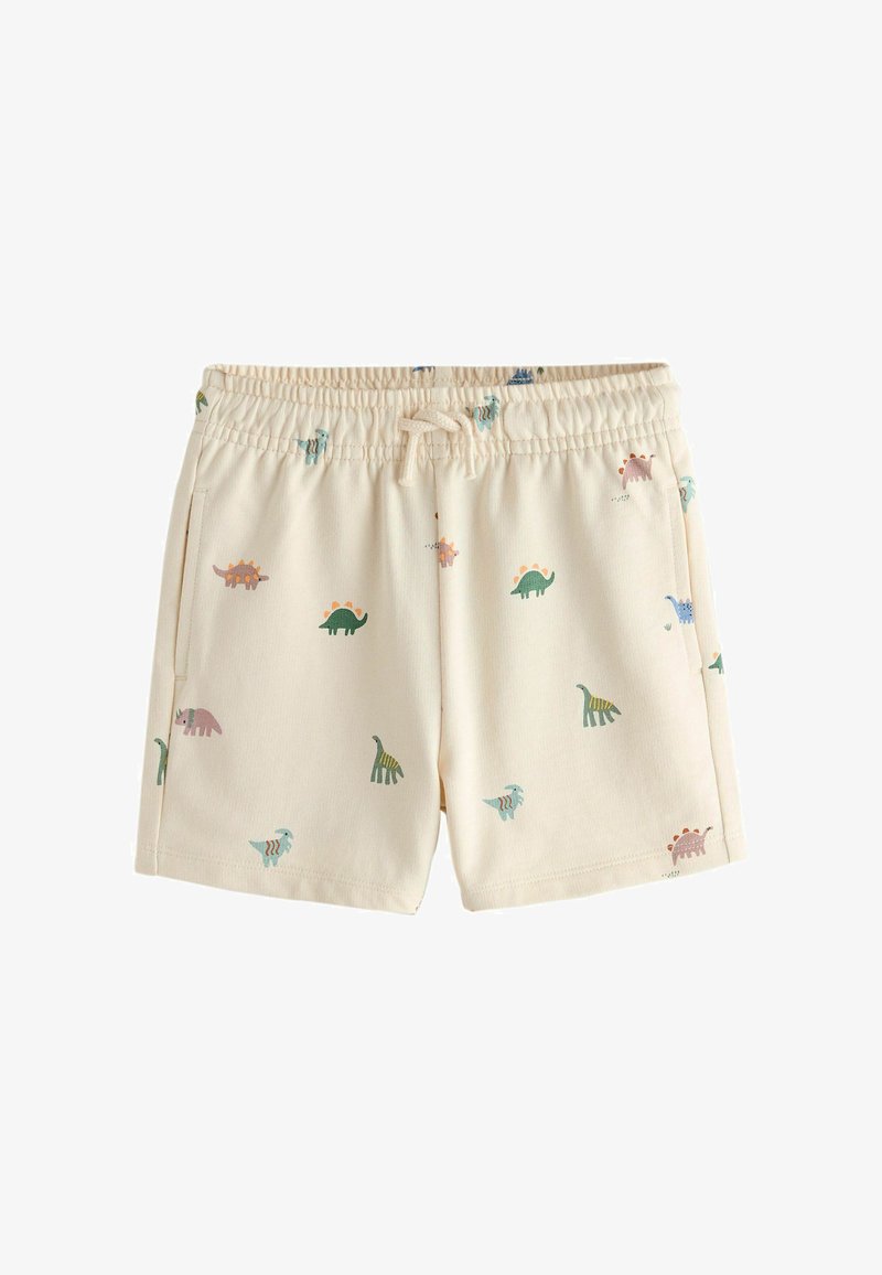 Shorts pour tout-petit de couleur crème avec taille élastique, cordon de serrage, poches latérales et imprimés de dinosaures dessin animés multicolores.