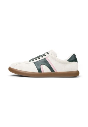 Suede sneakers in cream with green leather accents and pink stripe. Rubber sole in brown, lace-up design, rounded toe, minimalistic style.