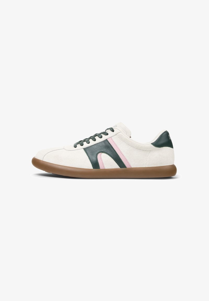 Suede sneakers in cream with green leather accents and pink stripe. Rubber sole in brown, lace-up design, rounded toe, minimalistic style.